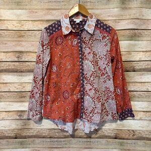 Sundance Women's Kalamaria Block Print Floral Patchwork Button Down Top Size PXS